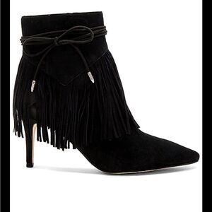 Sam Edelman Marion Black Suede Fringe Heeled  Booties | Size 8